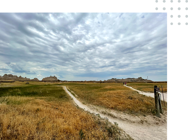 A dirt road with two people walking on it